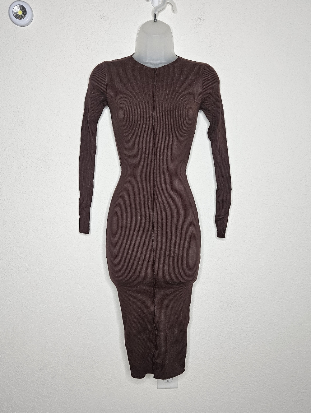 Naked Wardrobe Ribbed Bodycon Dress Chocolate Brown Long Sleeve Midi XS NWT